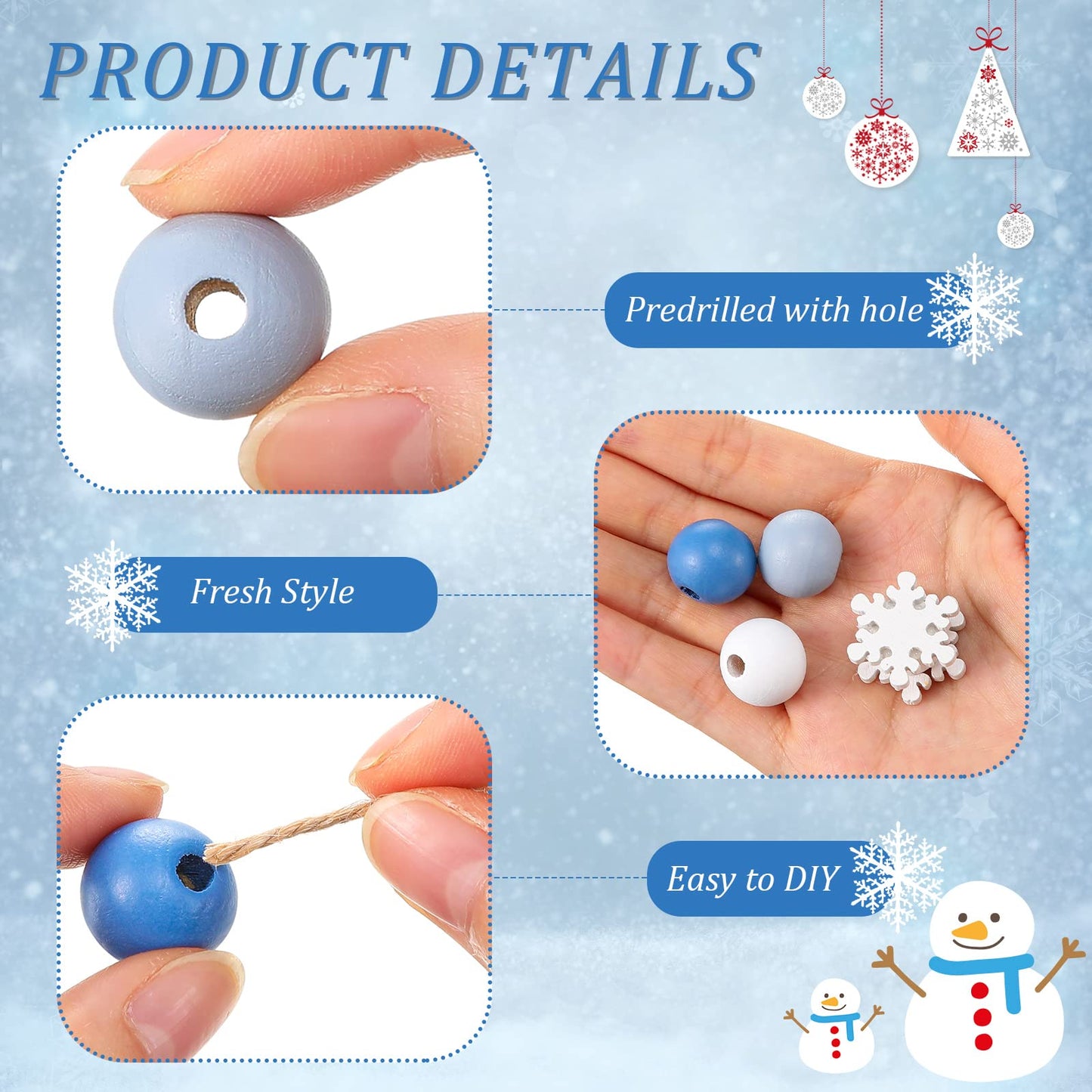 Landhoow 220 Pcs 0.6 Inch Christmas Wooden Beads Winter Snowflakes Craft Beads Blue Natural Wood Round Beads with 65.6 Feet Twine for DIY Making Necklace Bracelet Garland Home Xmas Decor