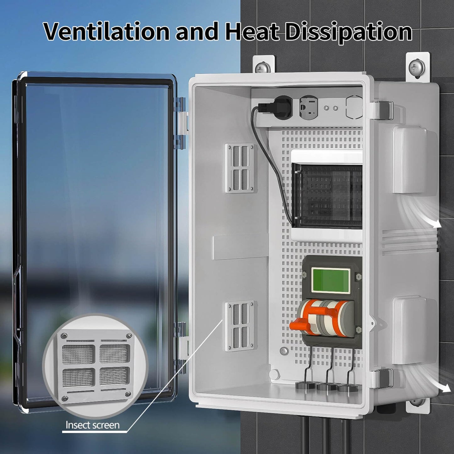 Waterproof ABS Enclosure Cabinet Junction Box, Ventilated Design, Indoor/Outdoor Use, with Mounting Panel, High Power Outlets. (Clear Cover, 19.7"x15.7"x7.9")