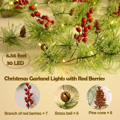 PALONMY Christmas Garland Lights 6.56 FT Smokey Pine Garland with 30 LED Fairy Lights Battery Operated Garland Lights with Red Berries Bells Pine Cones Christmas Indoor Home Decorations