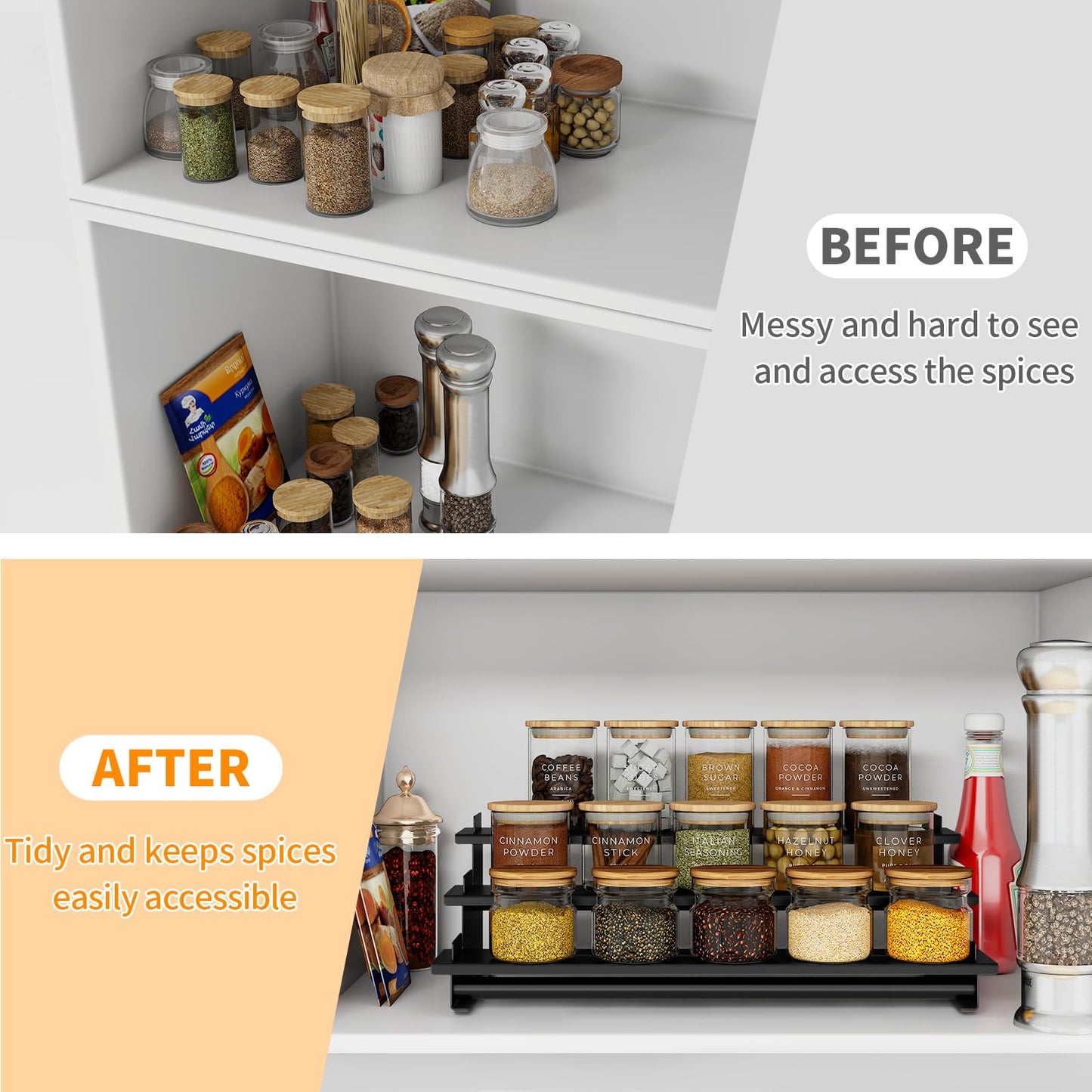 5 Tier Spice Rack for Cabinet, 2 Pack Spice Organizer, Metal Step Shelf Countertop Spice Rack for Inside Cabinets, Kitchen, Black