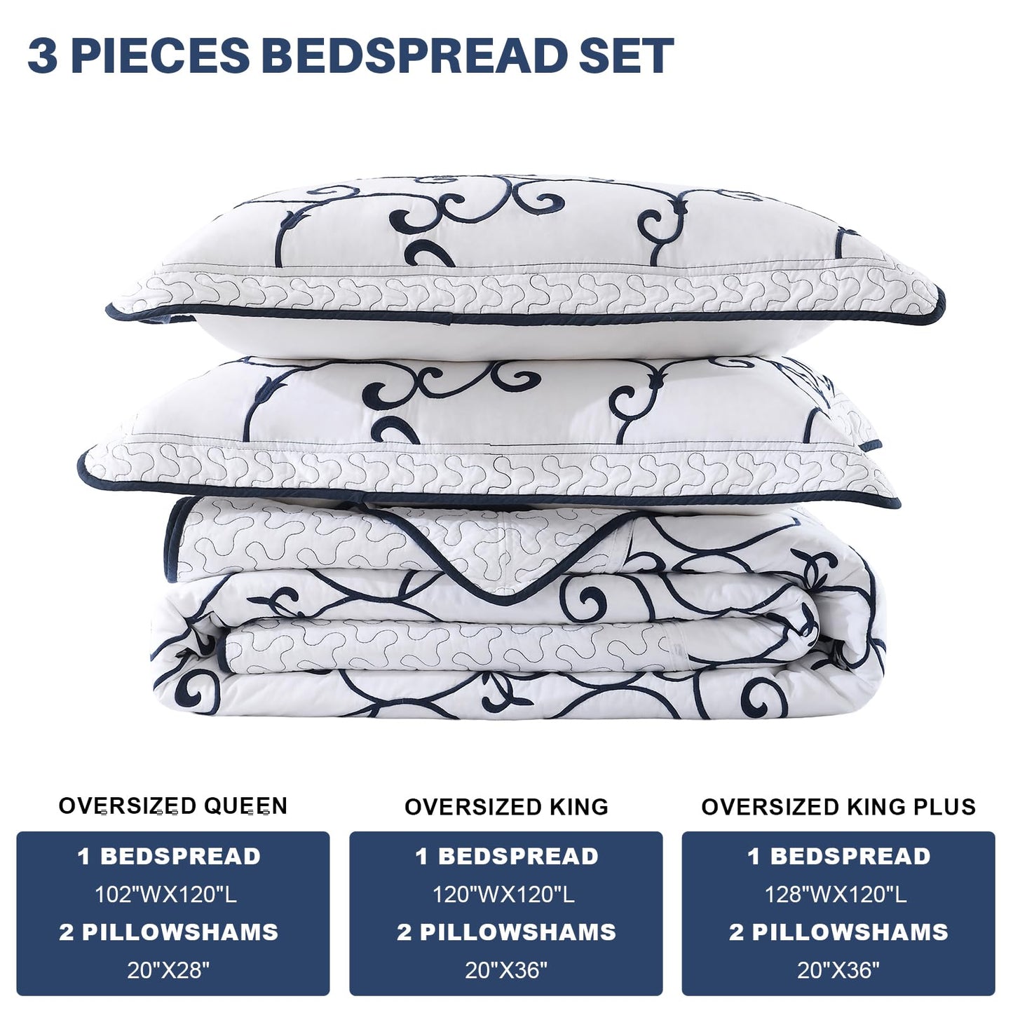 FineStichery Oversized Queen Bedspread 120"x102" - 100% Cotton Extra Large Quilt, Embroidered Bedspread Coverlet with Pillow Shams, Lightweight Quilted Bedding Set 3 Piece, Navy Blue/White