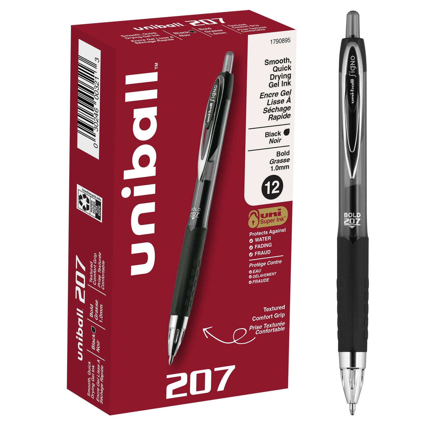 uni-ball 207 Retractable Gel Pens Bold Point, 1mm, Black, 12 Pack
