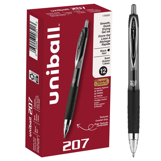 uni-ball 207 Retractable Gel Pens Bold Point, 1mm, Black, 12 Pack