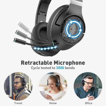 COOSII H300 Wireless Headphones Bluetooth with Microphone, Over Ear Headsets with USB Dongle & Mute, Environmental Noise Cancelling Retractable Mic for Work Office Meeting Laptop Computer (Black)