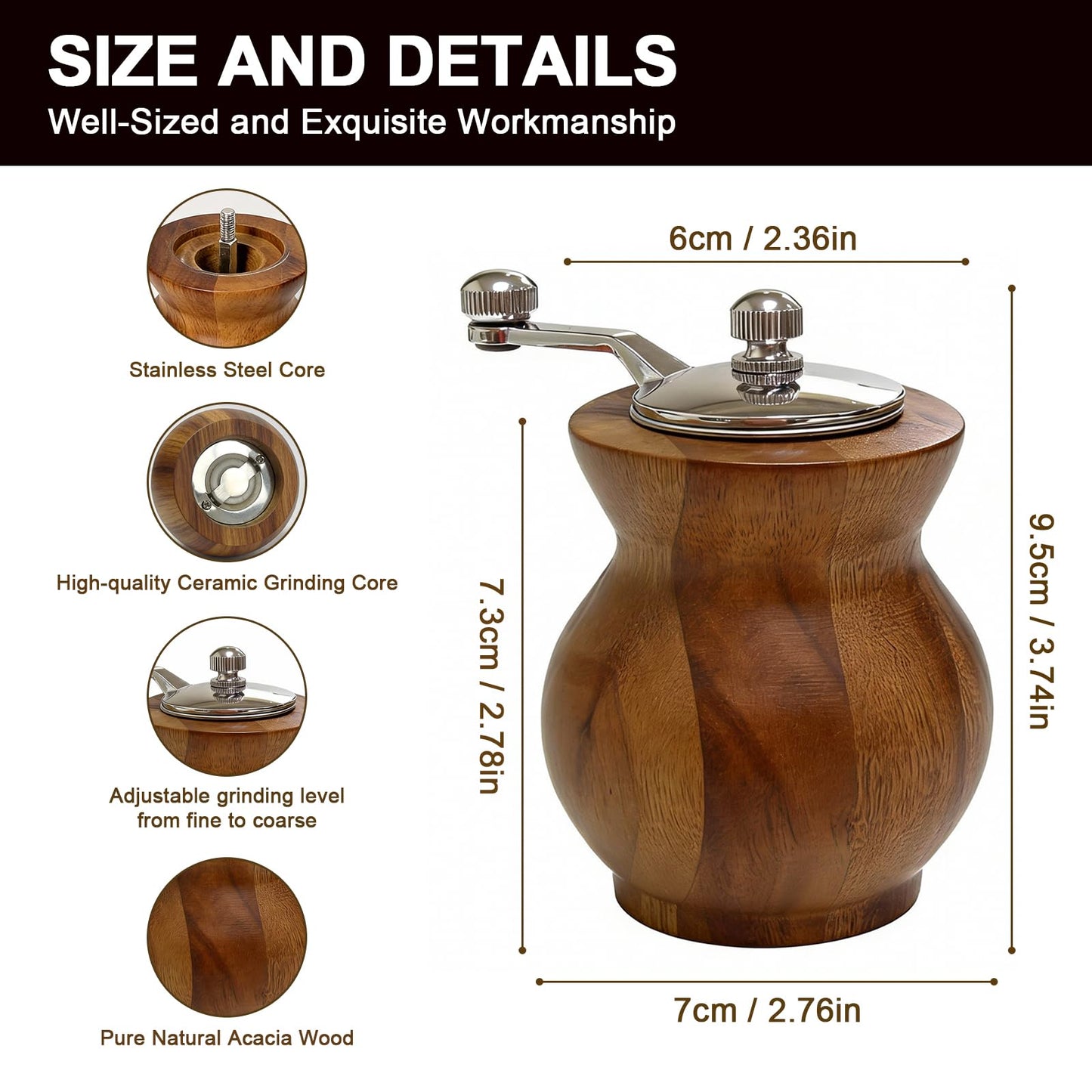 Pepper Grinder with Crank Handle, Adjustable Refillable Spice Mill