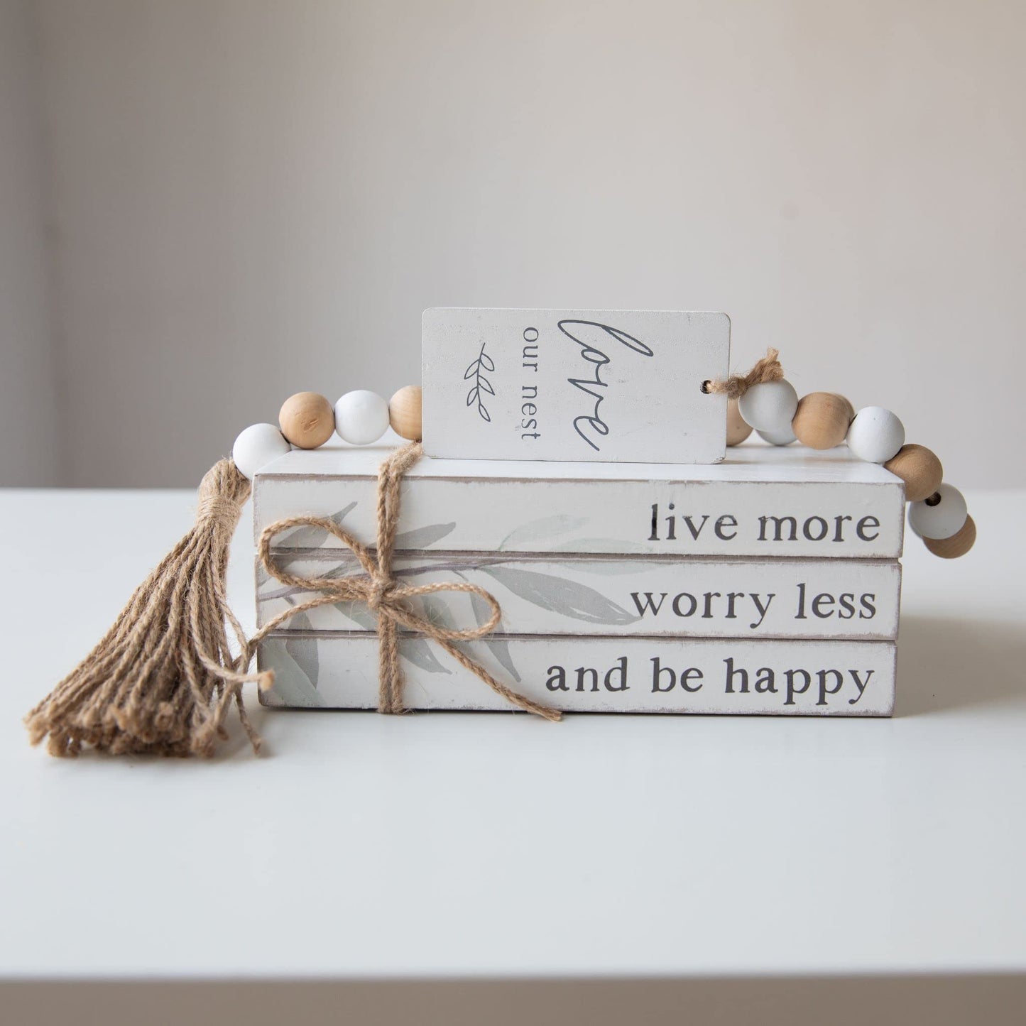 GENMOUS 4pcs White Decorative Books Set, Stacked Wood Faux Books with Wood Bead Tassels for Living Room and Shelf Display, Farmhouse Decor