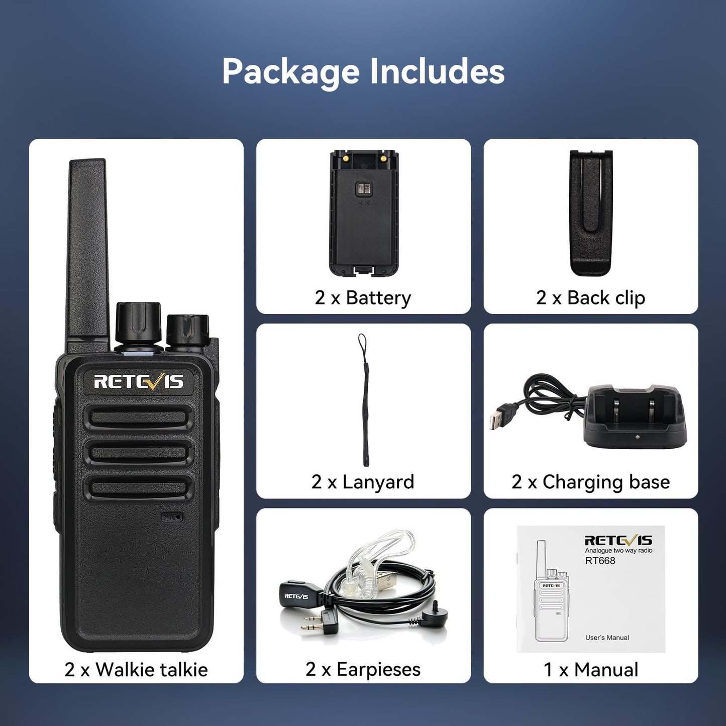 Retevis RT668 Walkie Talkies for Adults Long Range, PMR446 2 Way Radio, Robust radio communication, Professional Two Way Radio,Hand Free Walkie Talkie with Earpieces for Adults Kids (Black, 2Pcs)