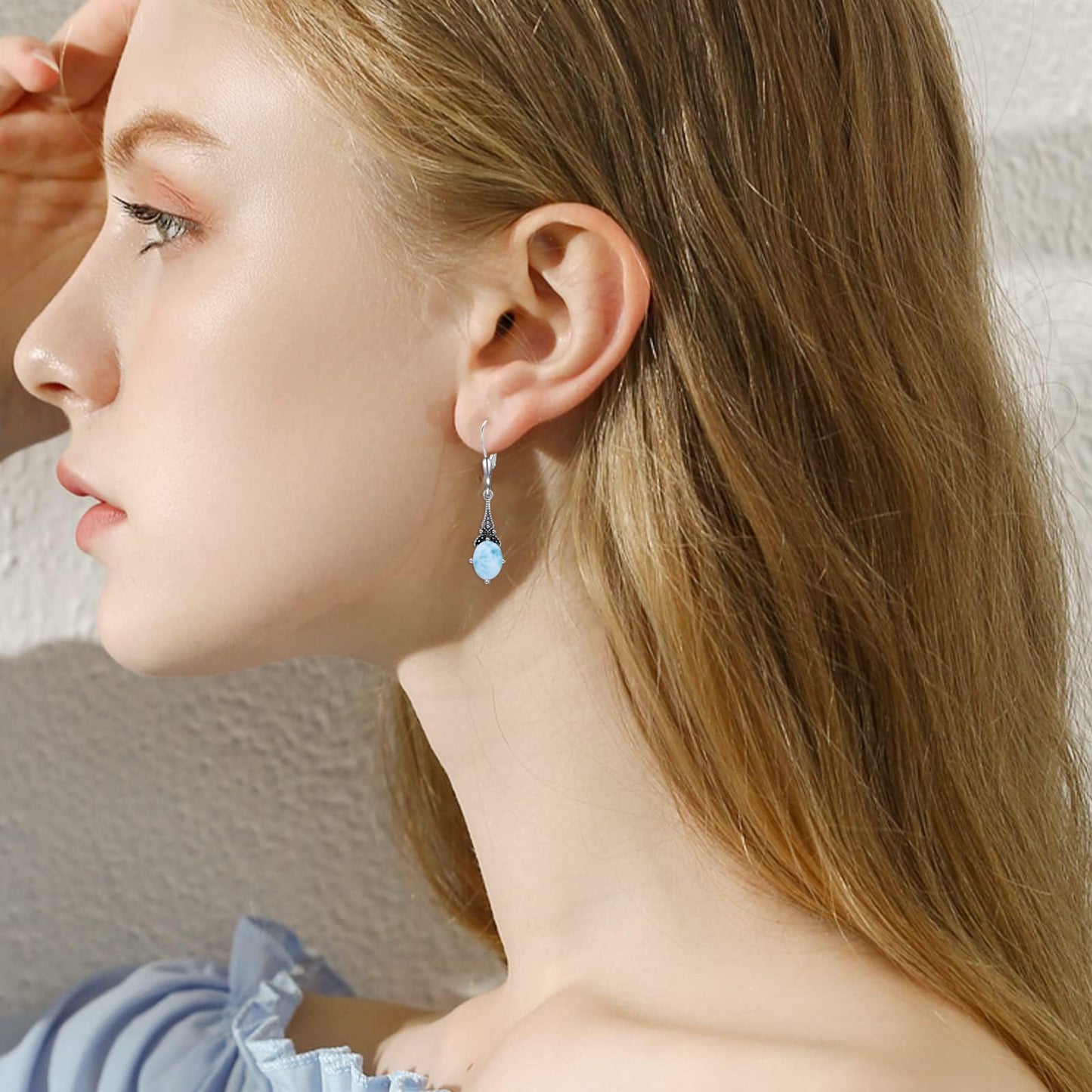 Larimar Blue Earrings 925 Sterling Silver Vintage Leverback Drop Dangle Earrings, Christmas Birthday Jewelry Earrings Gifts for Women