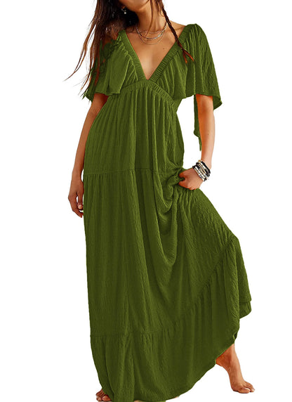 Kikibell Women Summer Dresses Sexy V-Neck Maxi Dress Tiered Silhouette with Flutter Sleeve Backless Elastic Waist Flowy Dress