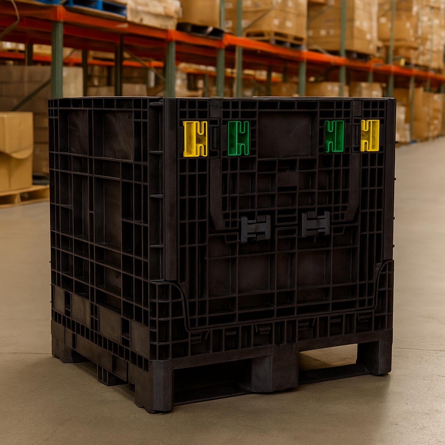 Buckhorn 32" x 30" x 34" Collapsible Bulk Box Container, Standard Duty Plastic Stacking Gaylord Box with 4-Way Forklift Access and 2 Drop Doors, 1700 lb Capacity Storage Tote, Black (BN32303420)