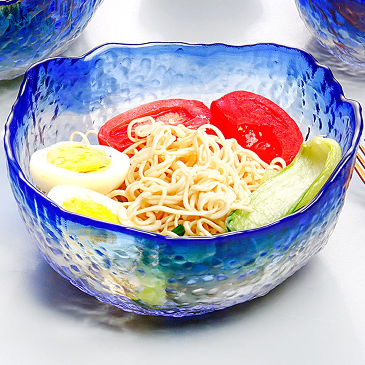 Halyuhn 8 Inch Blue Clear Glass Salad Bowl, 50 OZ Irregular Mixing Bowl with 3 Inch Wall, Decorative Hammered Round Serving Bowl with Wavy Edge for Fruit, Candy Dish, Dining Party, L
