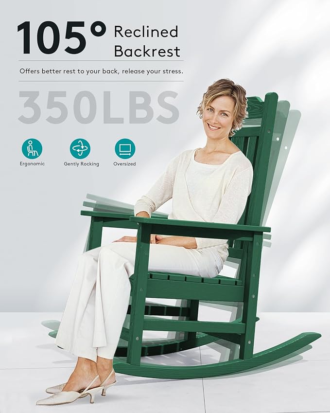 SERWALL Outdoor Rocking Chair Set of 4, Patio Rocking Chairs Set, HDPE Rocking Chair Outdoor for Adults, Heavy Duty Front Porch Rocker, Green