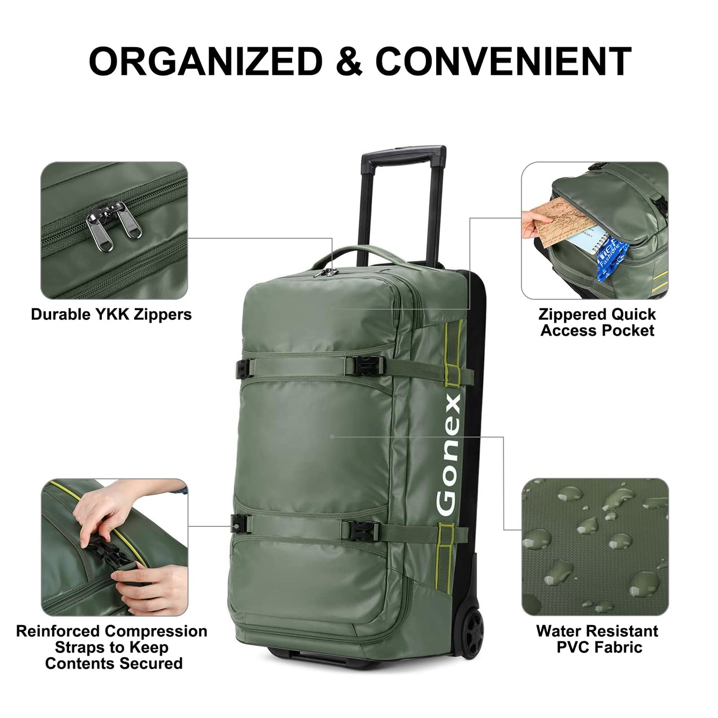 Gonex Travel Compression Packing Cubes Set, 6 Pcs, Green & Rolling Duffle Bag with Wheels, 25 inch, Olive