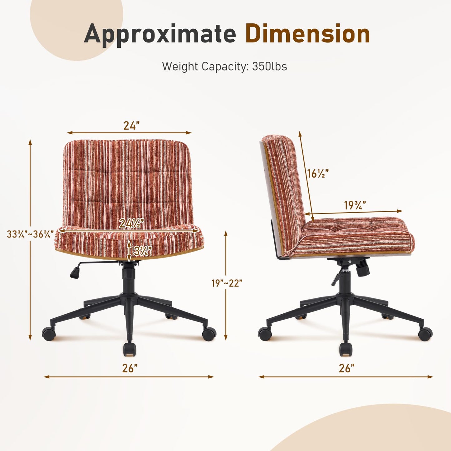 Furnimart Heavy-Duty Curved FSC Wood Desk Chair 360° Swivel, Premium Chenille Criss Cross Chair with Wheels Wide Seat, Comfy Armless Cross Legged Sitting for Bedroom, Office, Vanity(Dark Brown)