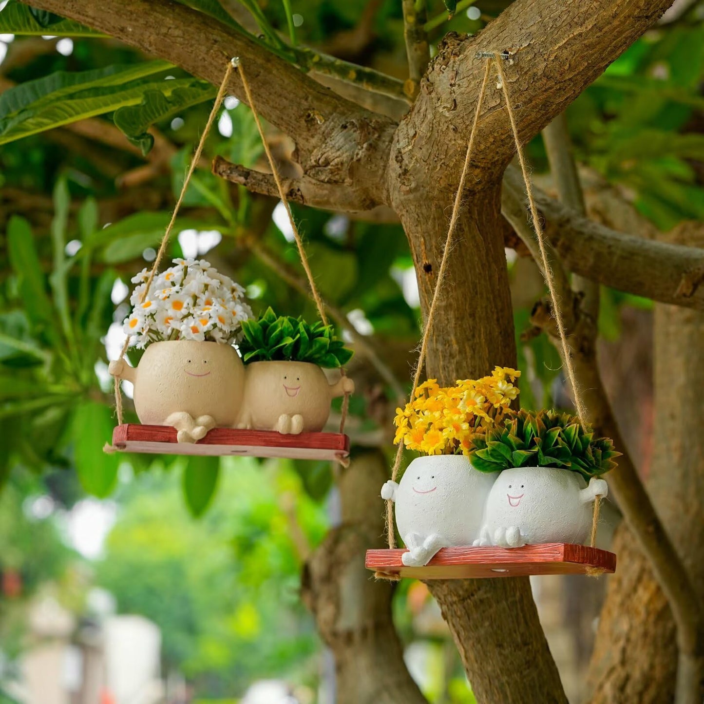 SeoatLink Double Head Flower Pot, Smiley Face Hanging Planter Pots, Cute Swinging Planters with Drainage, Unique Succulent Flower Pot Suitable for Indoor and Outdoor Decoration Khaki