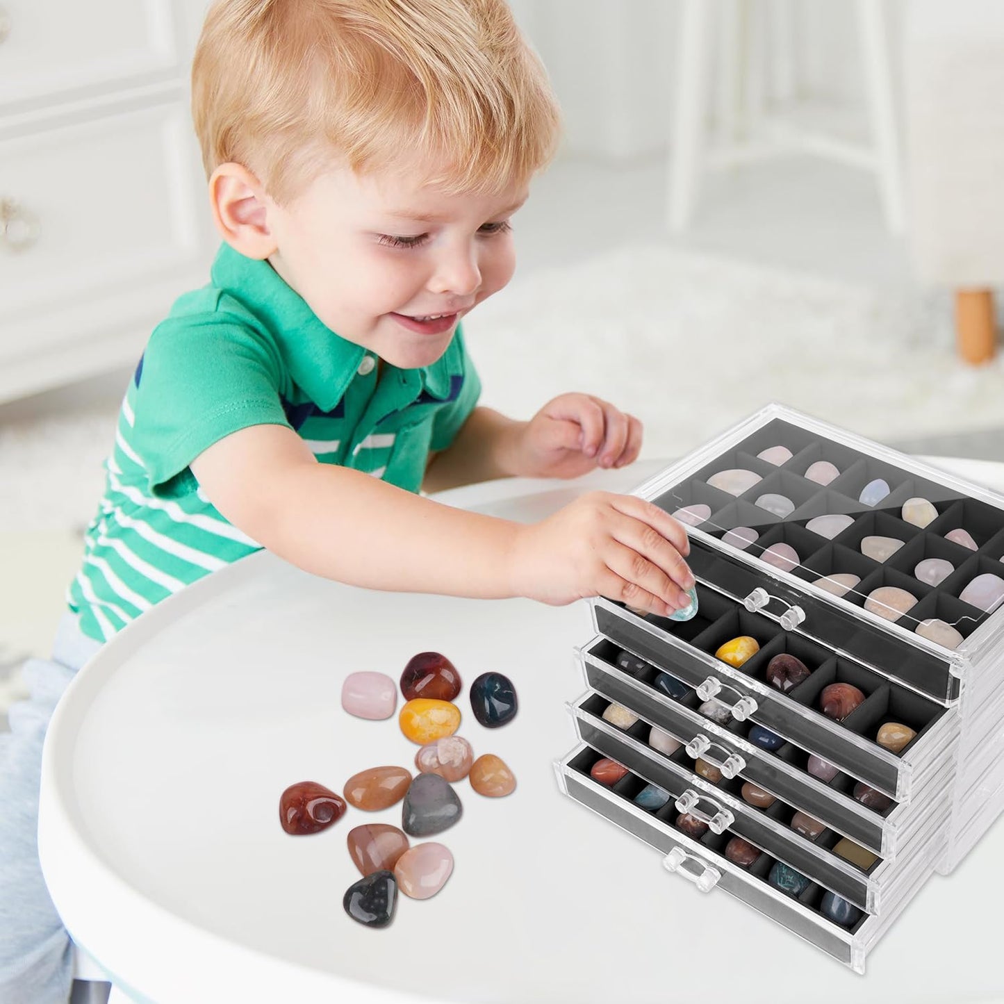 Rock Display Case, Rock Collection Box, 90 Grid Crystal Collection Display Case,Gemstone Display Shelf, Acrylic Clear Displays Cases Organizer for Gemstone Fossil Stone