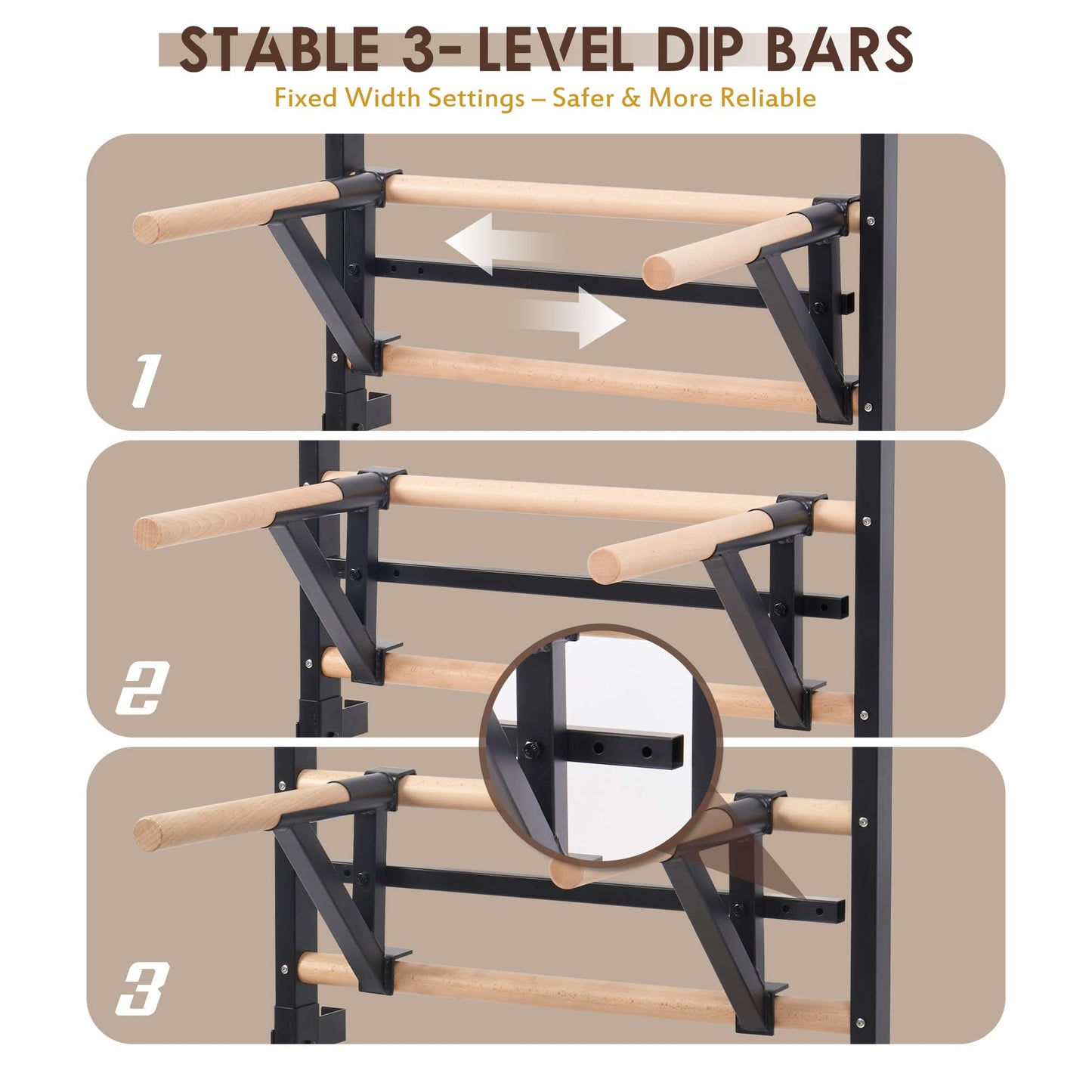 Morohope Solid Beechwood Stall Bar, 90" Swedish Ladder Wall Gym with Pull-up Bar & Dip Station, 220lbs Capacity Wall Mounted Gymnastics Ladder for Home Gym Training, Stretching & Bodyweight Exercise