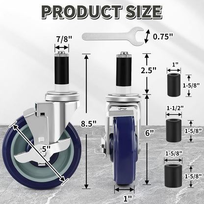 Besitu 5 Inches Prep Table Wheels Set of 4, Expanding Stem Casters Fit for 7/8", 1", 1-1/2" and 1-5/8" Tube Leg for Stainless Steel Table, Cart, Furniture Legs, Commercial Kitchen Appliances