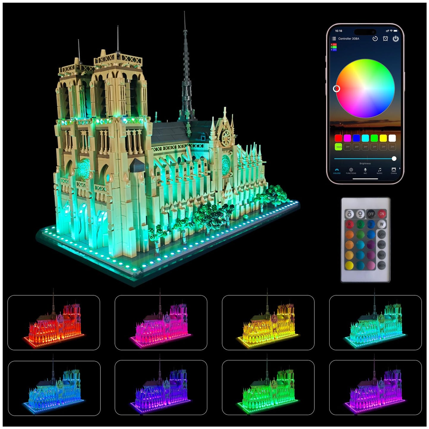 Neisouf Color Changing LED Light kit Compatible with Lego 21061 Notre Dame, App and Remote Control (No Model Only Light)