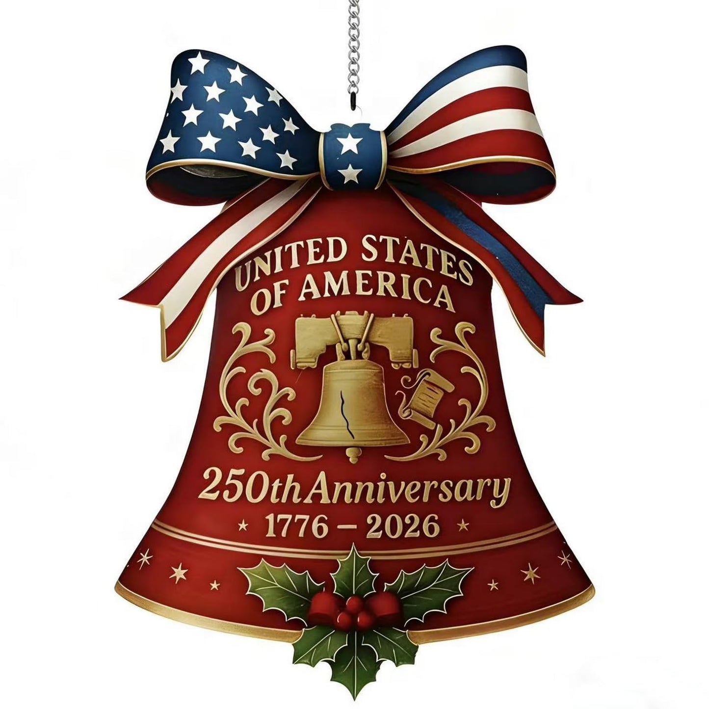 July 4th 250th Anniversary Ornament,Bell Sun Catcher Hanging,Red with America Flag Designs Bow Patriotic Christmas Ornaments,Full Cover Acrylic Suncatchers for Windows Decor Party Supplies for Garden
