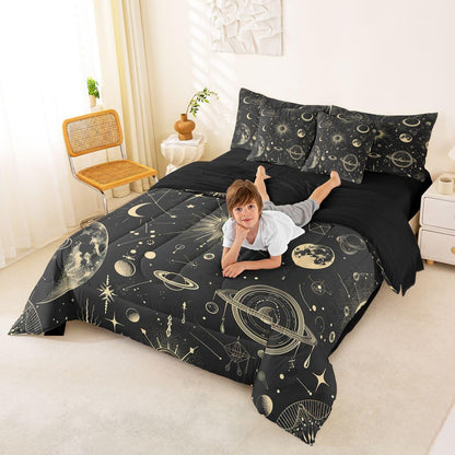 Erosebridal Galaxy 7 Piece Bedding Set Queen Sun Moon Comforter Set with Sheets Starry Sky Bed in A Bag Grunge Style Bed Sets with 2 Pillowcases, 2 Throw Pillow Covers