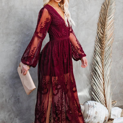 Womens Deep V Neck Short Sleeve Floral Lace Dress Long Bridesmaid Maxi Dresses