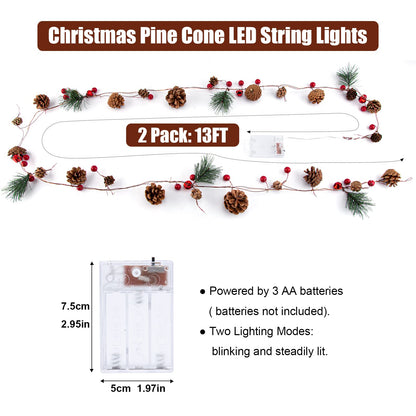 2 Pack Christmas Garland, 6.56 Ft LED String Light with Pine Cones, Red Berries, Bells for Xmas Decor Mantle Fireplace Christmas Holiday Party Thanksgiving Decoration, 20 LED Lights, Battery Operated