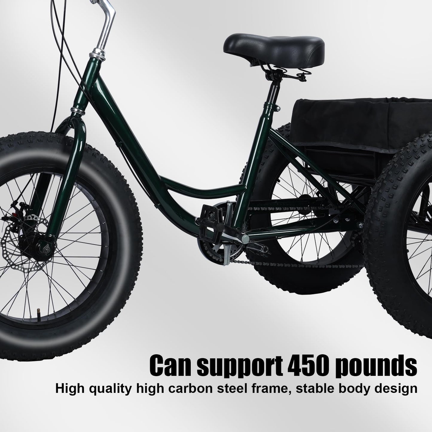 Fat Tire Tricycle, Adult 7-Speed Trike with 4-Inch Tires, Adjustable Seat & 450 lbs Weight Capacity, Large Shopping Basket with Waterproof Bag, 2 Disc Brakes for Gravel & Snow Roads Black 68"*34"
