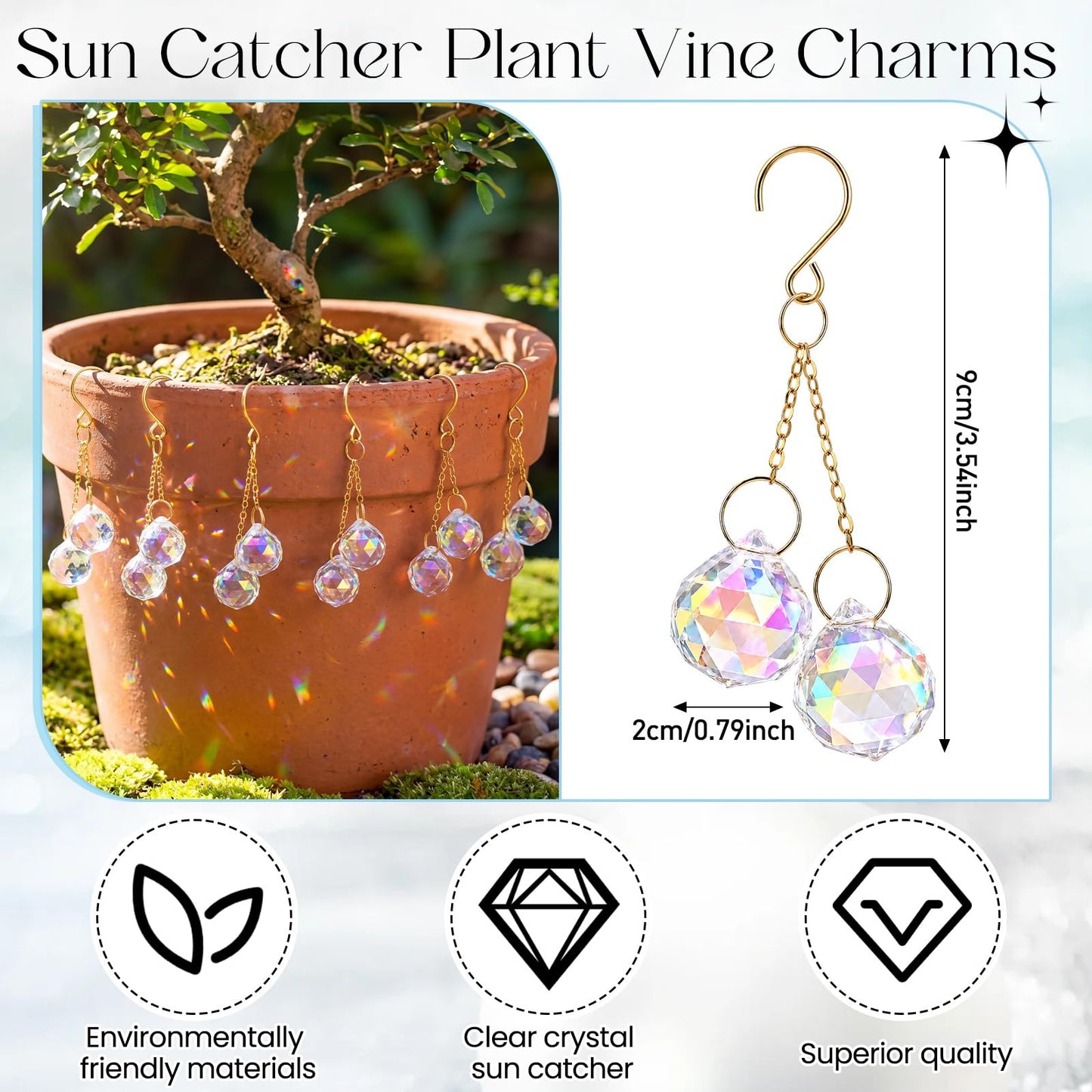 Ferrochef 6 Pcs Colorful Crystal Sun Catcher Plant Vine Charms Hanging for Mini Potted Plants, Home Window Garden, Garden Home Window Rainbow Sun Catchers Plant Accessories Indoor (Ball)