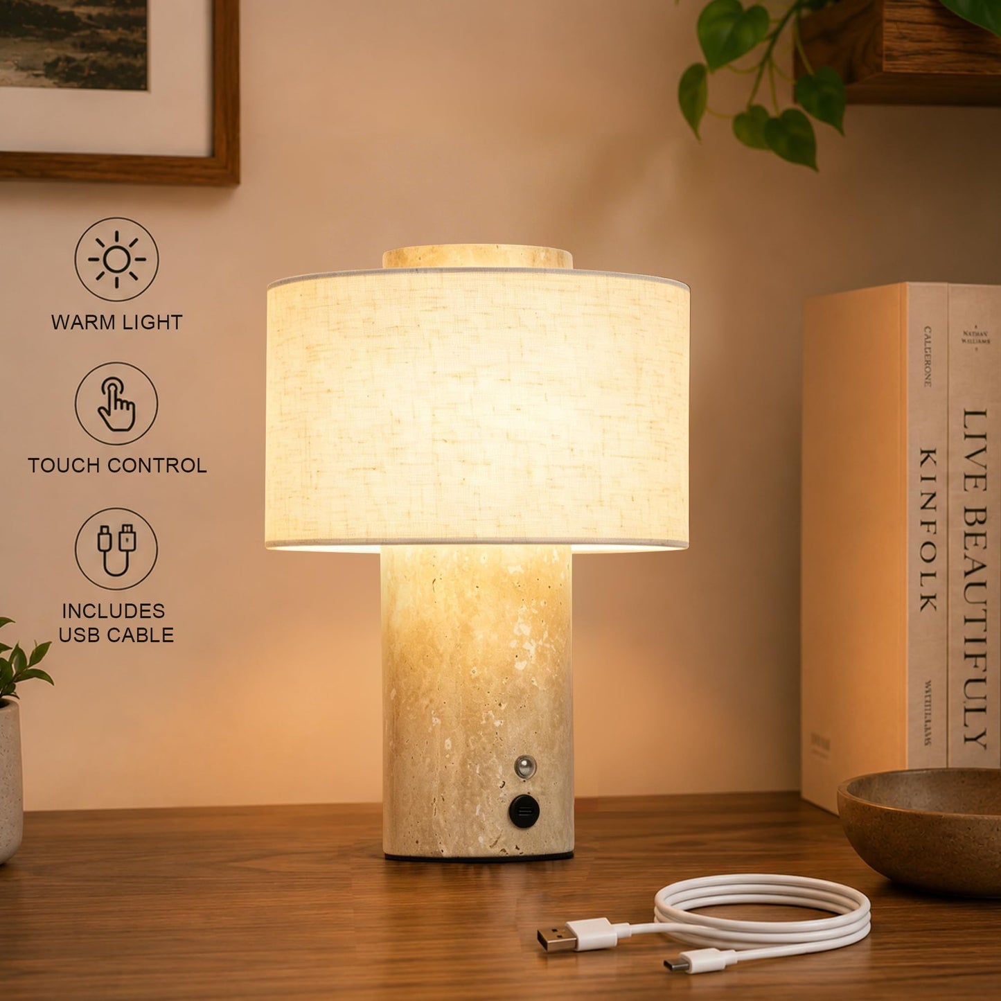 YMXYJM Marble Table Lamp, Rechargeable Cordless Bedside Lamp with Touch Control & Stepless Dimming, Linen Shade Decorative Lamp for Bedroom, Living Room, Nightstand & Bookshelf, Travertine