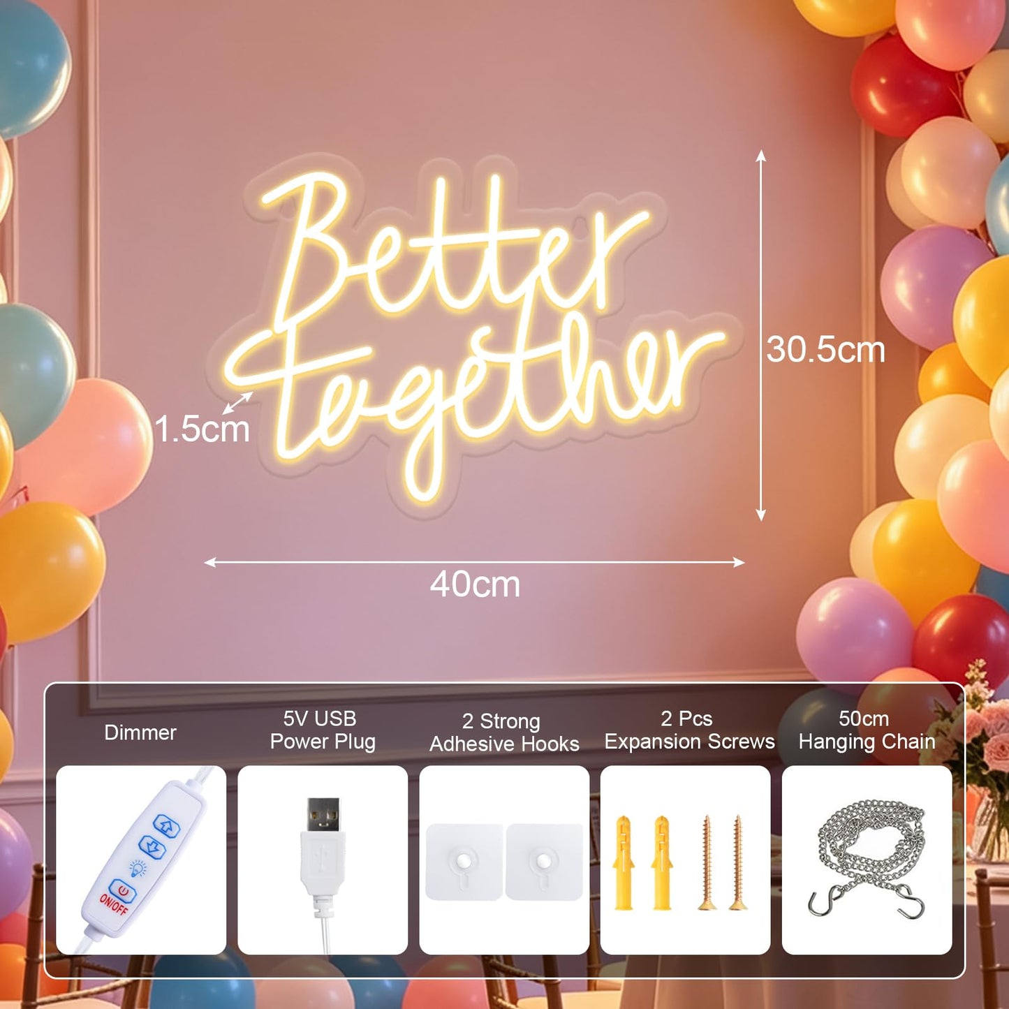 Miootly Better Together Neon Sign, LED Neon Sign Wall Decor for Wedding Bedroom Christmas Valentine's Day Women Birthday Gift Living Room Home Decor, 16"x 12" USB Powered 10 Brightness Settings Light