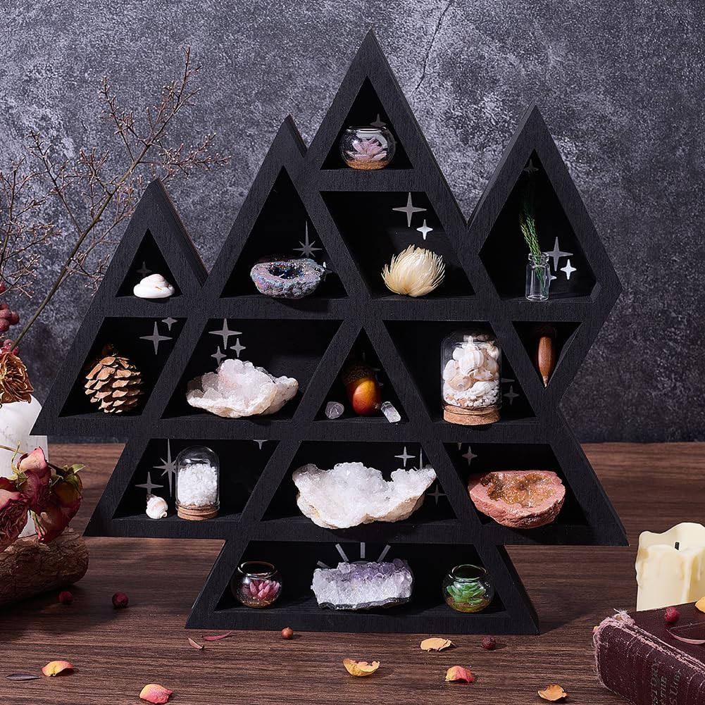 PRESSINART Crystal Display Wall Mount 11.8 x 11.8 Inch Rustic Floating Wall Decor, Wooden Mountain Shelves Oils Trinkets Gemstone Triangle Storage Organizer for Meditation Spiritual Gift Home Decor