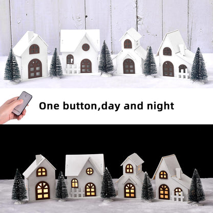 Ovootok Wood & Plastic Christmas Sculpture Set, 9pcs, Including 4 LED Lighted Houses and 5 Frosted Trees for Tabletop Mantel Décor