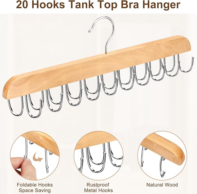 Bra Hanger for Closet, Tank Top Organizer 20 Hooks Capacity Foldable Wood Space
