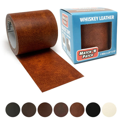 MATCH 'N PATCH Leather Repair Tape - Realistic Printed Leather Pattern for Vinyl, & Synthetic Repairs, Conceal Rips, Scratches, and Tears, for Furniture Fix, Crafts, & DIY, 15 ft x 2.25" Roll, Whiskey