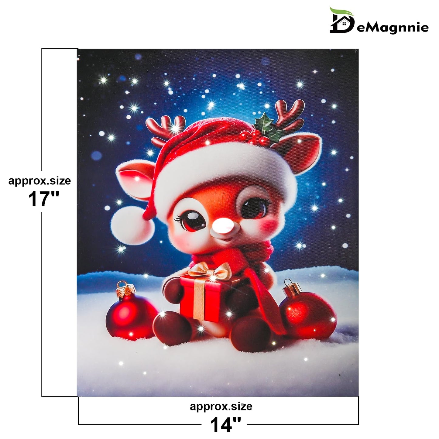 Fiber-optic Light up LED Christmas Canvas Wall Art w/Timer, Lovely Reindeer Baby Portrait Lighted Pictures on Battery, Ready to Hang Design, Cute Deer Christms Gifts Print for Kids Bedroom Wall Decor