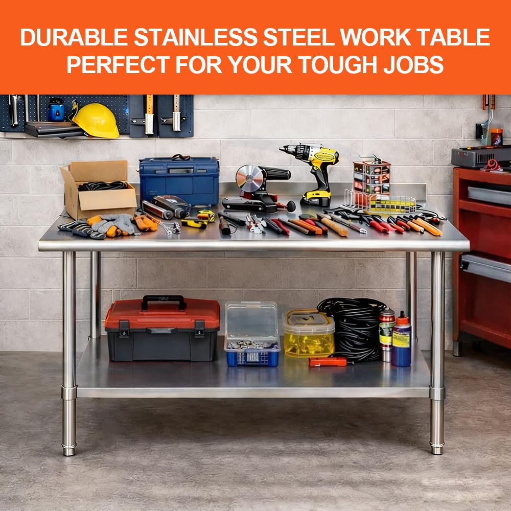 CYGJYZOD Commercial Stainless Steel Prep Table, 2-Layer Heavy Duty Kitchen Countertop, 43x24x31.5 Inch, Adjustable Height, Silver
