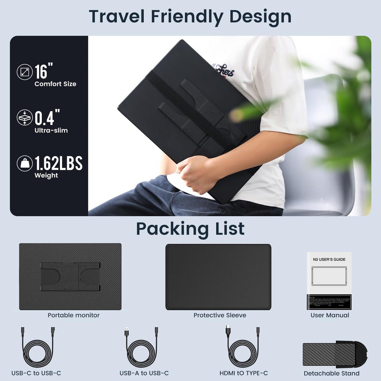 Portable Monitor, 16 Inch 1200P FHD, Horizontal and Vertical with Kickstand, Plug&Play, Built-in Speakers, Ultra-Thin Zero Frame,Travel Monitor for Laptop with Premium Smart Cover