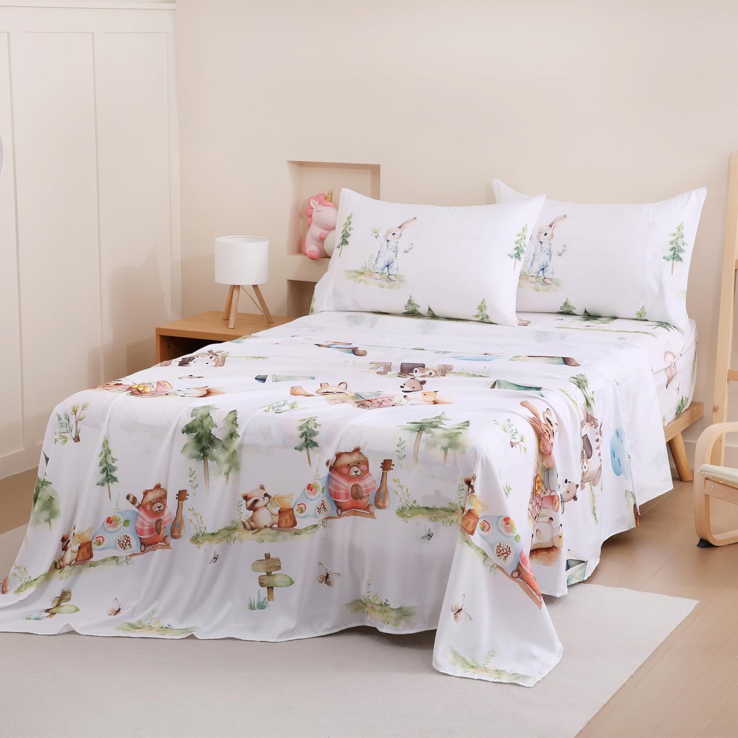 Yibeizi Camper Themed Sheet Set Full Size, Kids Woodland Animals Print Bedsheets Microfiber Deep Pocket Cute Patterned Bed Sheet & Pillowcase Sets 4 Pieces