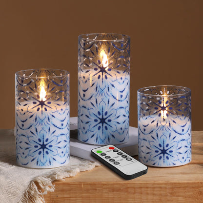 Eywamage Blue Snowflakes Glass Flameless Candles with Remote, Christmas LED Pillar Candles Battery Operated Flickering Set of 3