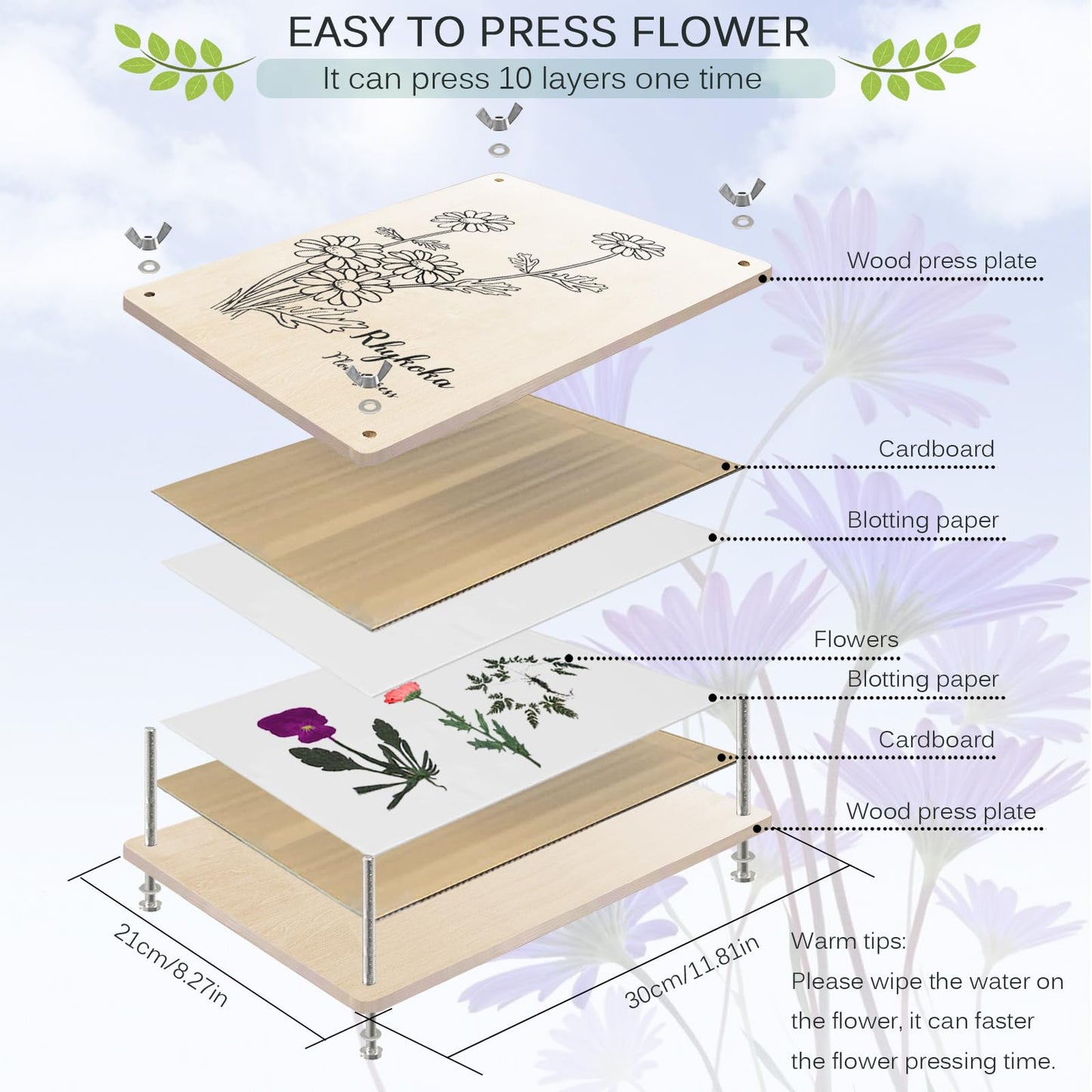 Rhykoka Large Flower Press Kit for Adults, 10 Layers 11.8 x 8.3 Inches DIY Wood Flowers Leaf Plant Press Kit Flower Pressing Kit, DIY Arts and Crafts Lovers (Wooden)