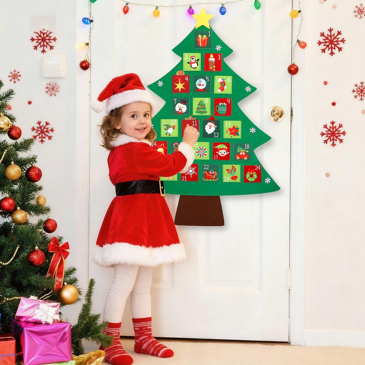 Christmas Tree Advent Calendar 2025, 24 Days Countdown Calendar with 24 Festive Pockets Advent Christmas Countdown Calendar Xmas Hanging Advent Calendar Wall Door Hanging Decor Gift for Kids Adults