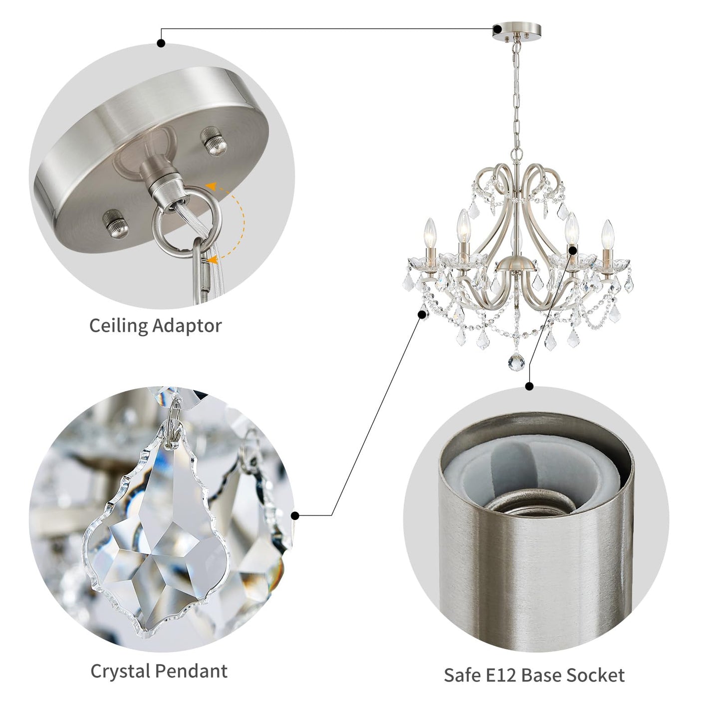 WUZUPS Crystal 5-Light Candle Chandelier Pendant Flushmount Ceiling Light Modern Lighting Fixture for Bedroom Hallway Bar Kitchen Bathroom, H 20.9" x W 21.7", Brushed Nickel, E12 Base