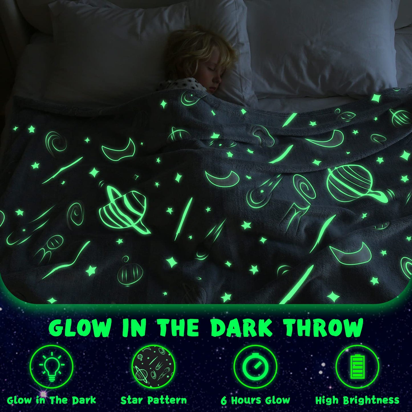 inhand Blue Space Toys Glow in the Dark Stars Blanket Birthday Gifts for Boys Cute Kids Blanket and Funny Space Planet Moon Galaxy Room Decor for Age 3 4 5 6 7 8 9 10 11 12 13 Year Old (50''x60''Blue)