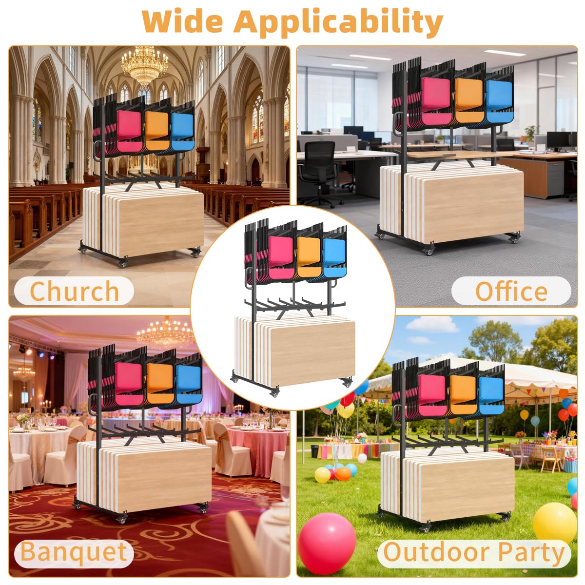 Folding Chair Rack, Heavy Duty Folding Chair Cart with Swivel Wheels,Table Cart for 84 Chair or 12 Tables,1000LBS Capacity, Multi-Function Chair Storage Dolly with Outdoor Cover and 2 Binding Ropes