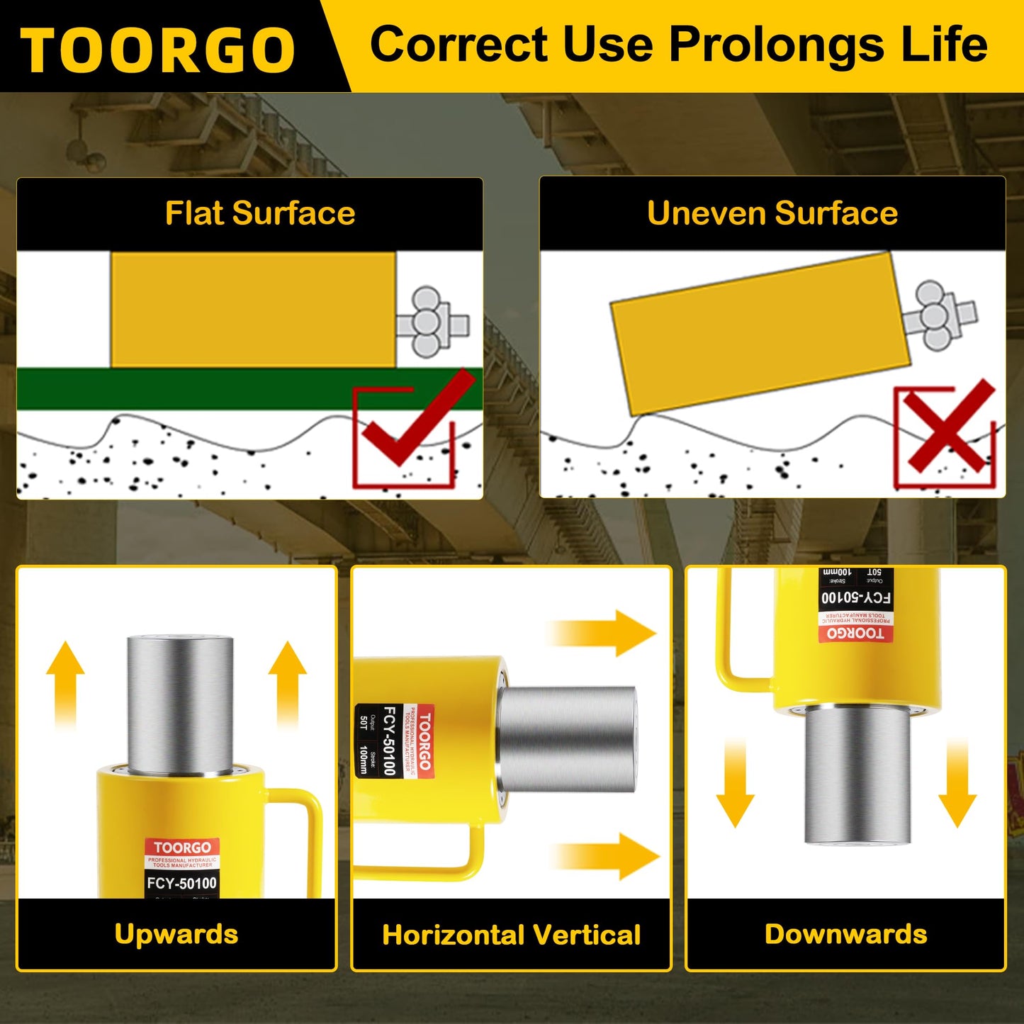 TOORGO 50T 4Inch Stroke Porta Power Single Acting Lifting Cylinder for Shipbuilding, Machinery and Industry,Automatically Retract Split Hydraulic Cylinders Jacks, Yellow