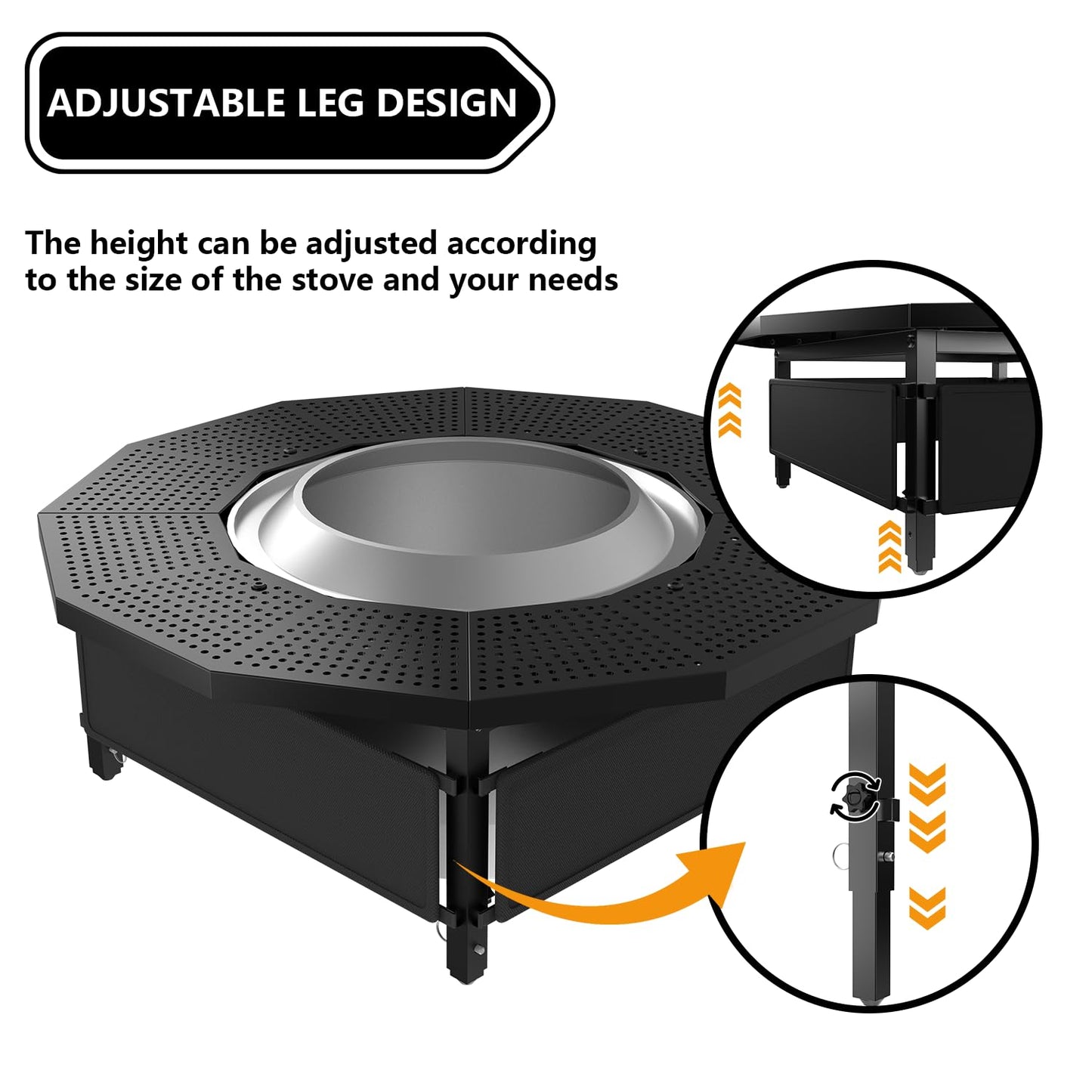 Hupsjer Fire Pit Surround Tabletop Use for Solo Stove Bonfire Ranger Yukon 2.0, with Coated Steel and UV-Resistant Outdoor Fabric, Adjustable Tabletop for Solo Stove Bonfire Accessories, Thick Metal