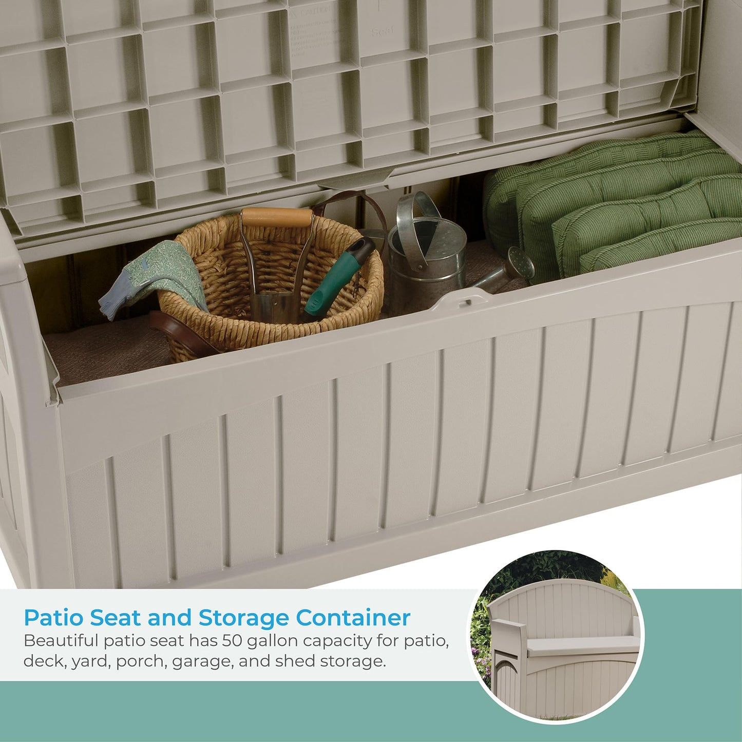 Suncast 50 Gallon Patio Bench with Storage - Decorative Resin Outdoor Patio Bench for Deck, Patio, Garden, Backyard - Ideal for Storing Toys, Cushions, Tools - Taupe ()