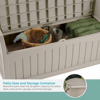 Suncast 50 Gallon Patio Bench with Storage - Decorative Resin Outdoor Patio Bench for Deck, Patio, Garden, Backyard - Ideal for Storing Toys, Cushions, Tools - Taupe ()