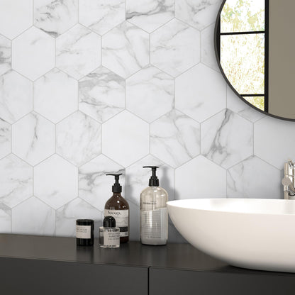 INNO STICKERS 45-Sheet Hexagon Peel and Stick Backsplash, 6" x 7" White Calacatta Marble Looks Self Adhesive Wall Tile, Stone Composite Stick on Decorative Mosaic Tile for Kitchen Bathroom Fireplace